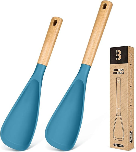Multifunction Spatula Spoon for Nonstick Cookwares, Great for Cooking and Serving, Sturdy BPA-Free Matte Silicone, Wood Handle Spatula for Mixing, Scoop, and Scrape, Turquoise(2 pack,11.4" & 13.4")-Ruum Studio Home