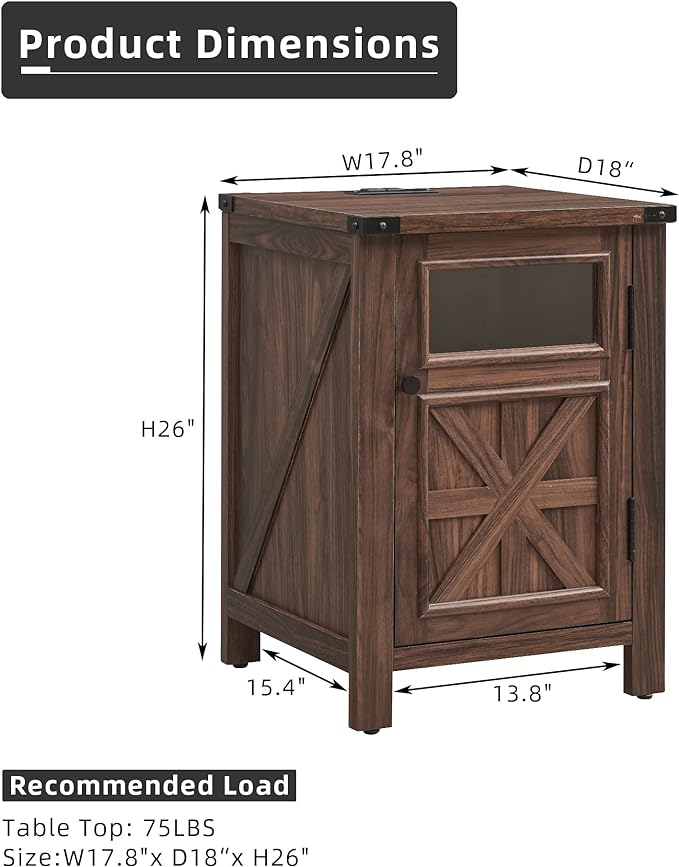 JXQTLINGMU Farmhouse End Table with Charging Station, 18'' Rustic Nightstand with Barn Door & Adjustable Shelf, Wooden Sofa Side Table with 3-Tier Storage for Living Room, Bedroom, Brown-Ruum Studio Home