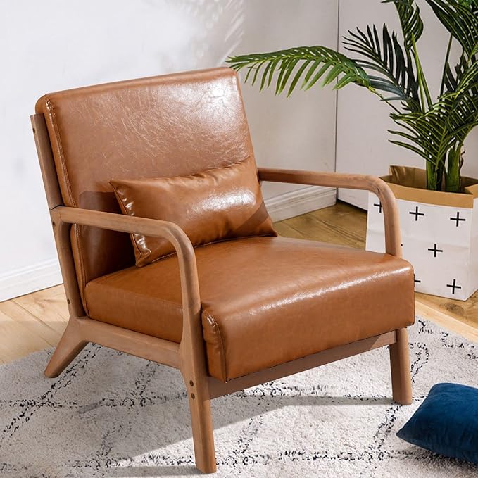 INZOY Mid-Century Modern Accent Chair Set of 2, PU Leather Reading Armchair with Waist Cushion, Upholstered Living Room Chairs for Bedroom Sunroom, Camel Set-Ruum Studio Home