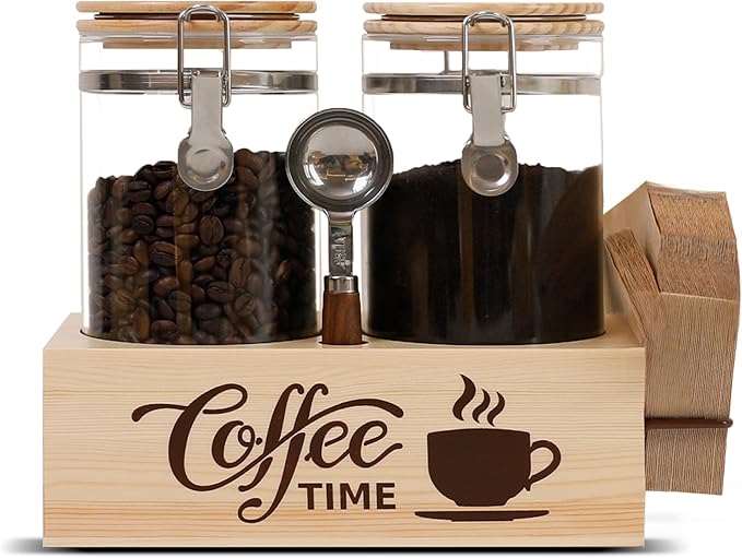 Glass Coffee Canister Set with Shelf & Spoon 2 Piece Coffee Containers for Coffee Bean Storage Airtight Seal, Coffee Bar Accessories Filter Holder for Kitchen Organization-Ruum Studio Home