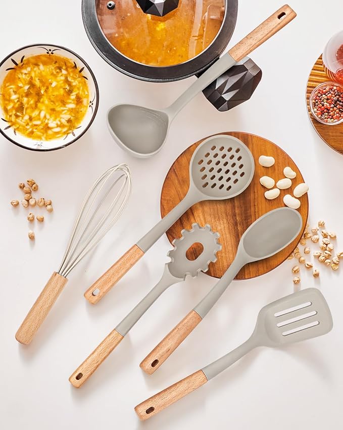 Kitchen Utensils Set, 13PCS Silicone Cooking Utensils, Heat Resistant Kitchen Utensil Spatula Set for Nonstick Cookware, Wooden Handles Kitchen Gadgets Tools Set-Ruum Studio Home