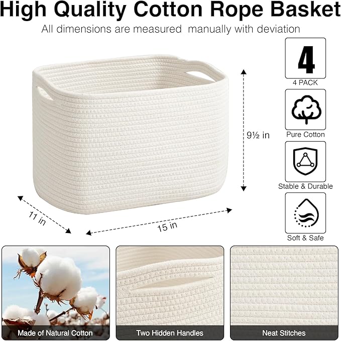 Storage Baskets for Organizing & Shelves, Woven Cotton Rope Organization Bins for Dog Toys, Clothes, Books, Nursery Organizer, 15" Lx11''Wx9.5''H, (4 Packs) Off White-Ruum Studio Home