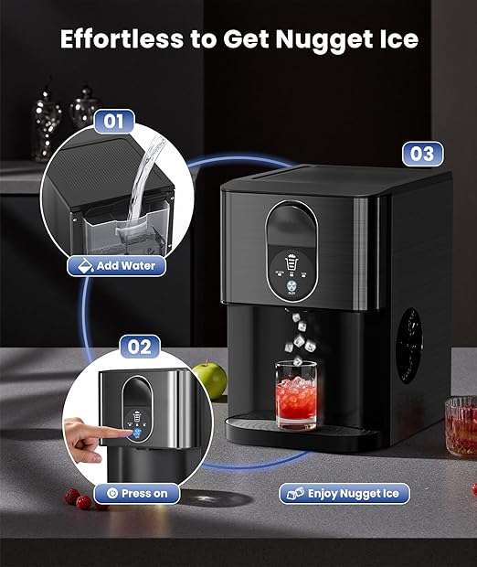 Nugget Ice Maker Countertop, 44lbs/24H Soft Chewable Pellet Ice Maker Machine Dispenser with Water Reservoir, Self-Cleaning, Pebble Ice Machine for Home Kitchen, Office, Black Stainless-Ruum Studio Home
