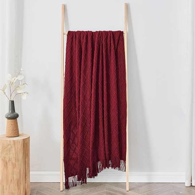 inhand Knitted Throw Blankets for Couch and Bed, Soft Cozy Knit Blanket with Tassel, Claret Lightweight Decorative Blankets and Throws, Farmhouse Warm Woven Blanket for Men and Women, 50"x60"-Ruum Studio Home