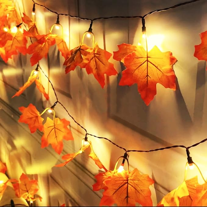 Timer & Thicker Leaves - 2 Pack Fall Garland with Lights Fall Hallowen Decorations Indoor Total 80 Leaves 40LED 13Ft Battery Operated Halloween Garland Thanksgiving Decor Home Indoor Outdoor Christmas-Ruum Studio Home