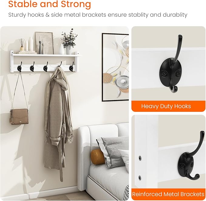Homode Coat Rack with Wall Shelf and Hooks - 24 Inch Long, Wooden Hanging Coat Hanger with Hat Shelf for Entryway, Bathroom, Mudroom, White-Ruum Studio Home