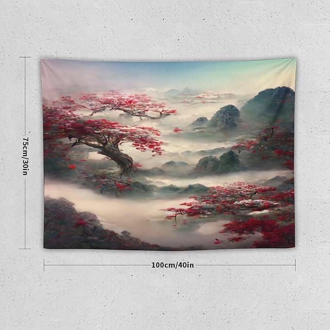 Houselerax Japanese Tapestry, Red Plum Cherry Blossom Mountain Tapestries, Asian Japanese Wall Decor, Nature Landscape Tapestries for Bedroom Living Room Decor 40"x30"-Ruum Studio Home