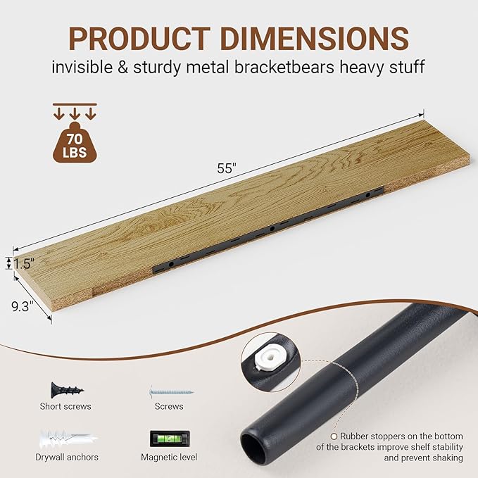 Heimlove 55 Inch Long Floating Shelves for Wall,9.3" Deep Oak Floating Shelves Set of 2,Large Display Shelf & Storage Shelf,Wall Mounted Shelves for Bedroom Living Room Kitchen Office-Ruum Studio Home