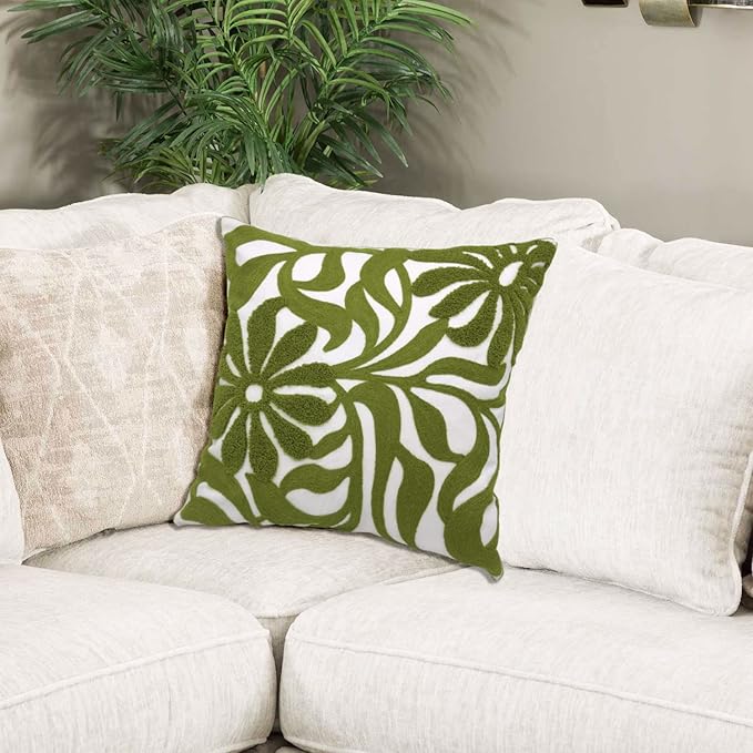 Alysheer Farmhouse Floral Leaves Embroidered Decorative Throw Pillow Cover 18x18 inches, Boho Tufted Flowers Embroidery Pattern Chic Cotton Cushion Case for Couch Bed Sofa Living Room(Olive Green)-Ruum Studio Home