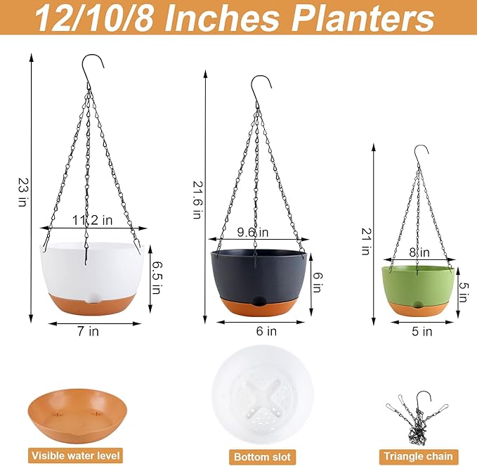 8/10/12 inch Hanging Planters for Indoor Outdoor Plants with Self-Watering Pots, 3 Pack Plastic Hanging Basket with Removable Tray for Home Garden Porch Balcony Patio Decor(White+Black+Green)-Ruum Studio Home