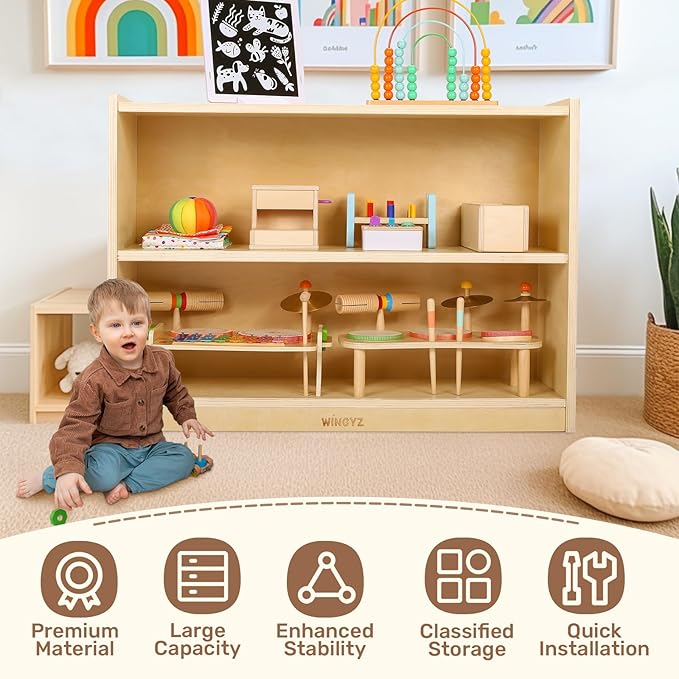 wingyz Wooden Storage Cabinet, 2-Tier Kids Toy Storage Organizer, Spacious Montessori Kids Bookshelf, Toy Shelf Storage Organizer for Playroom Classroom Nursery Study Room Living Room-Ruum Studio Home