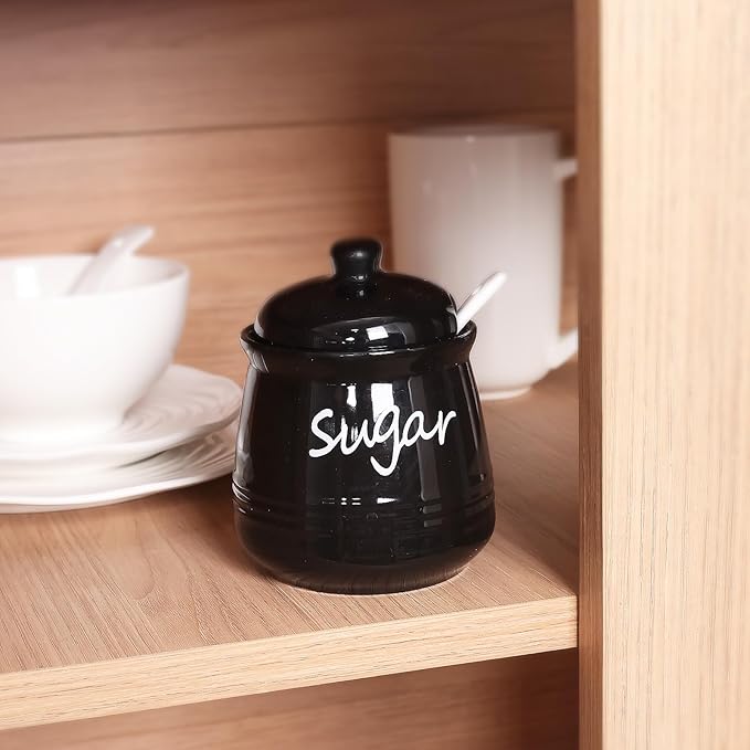 HAOTOP 12oz Sugar Bowl with Lid and Spoon,Ceramic Sugar Jar Sugar Dispenser Sugar Container Coffee Bar Accessories, Kitchen Countertop Canisters, Black-Ruum Studio Home