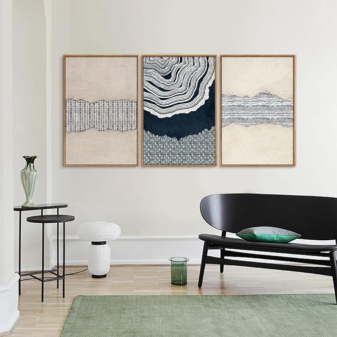 SIGNINART Blue and Beige Framed Canvas Wall Art Set, Neutral Abstract Tree Ring Wall Decor, Minimalist Dots and Line Artwork, Geometric Pattern Art Paintings for Living Room, Bedroom, Office 16"x24"x3-Ruum Studio Home