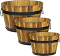 IDZO Set of 3 Wooden Flower Planters for Outdoor Plants, Acacia Wood Barrel Planters, Ergonomic Handles, Drainage Holes, Various Sizes, Golden Teak-Ruum Studio Home