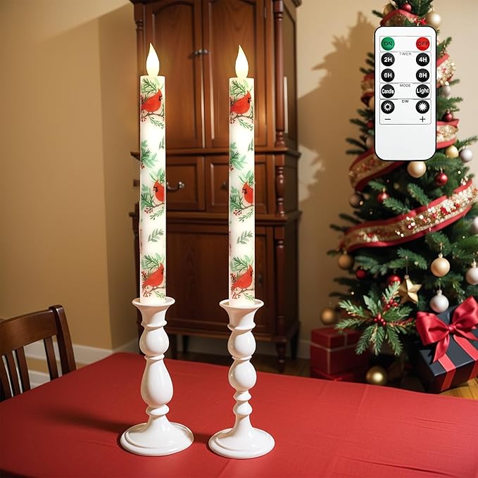 Cardinal Bird Flameless Taper Candles with Remote - Red Bird Theme LED Taper Candles for Home Xmas Holiday Party Christmas Decoration - 2PCS 9.5INCH-Ruum Studio Home