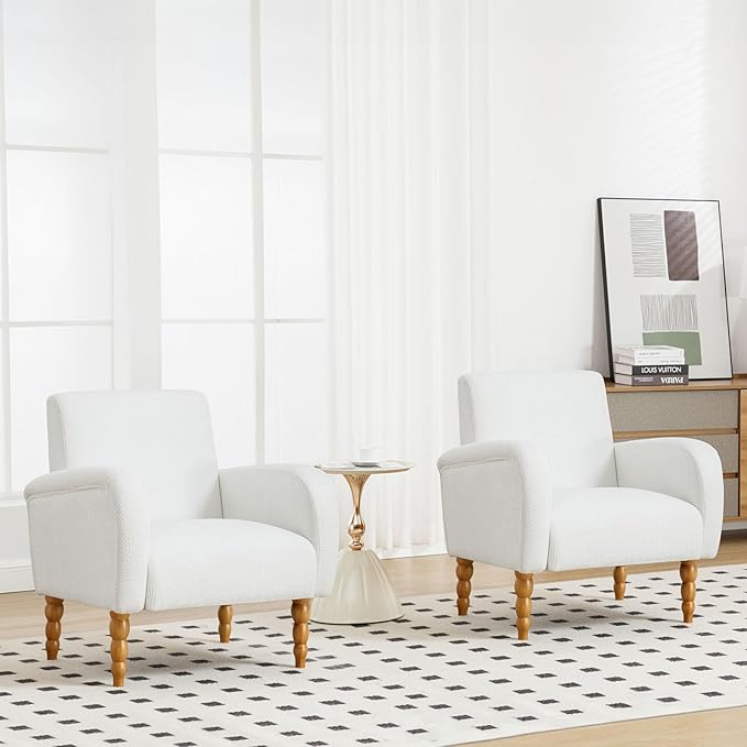 Chenille Fabric Accent Chairs Set of 2, Upholstered Armchair with Solid Wood Legs, Modern Living Room Accent Chair, Comfy Single Sofa Reading Club Chair for Bedroom Reception Lounge, White-Ruum Studio Home