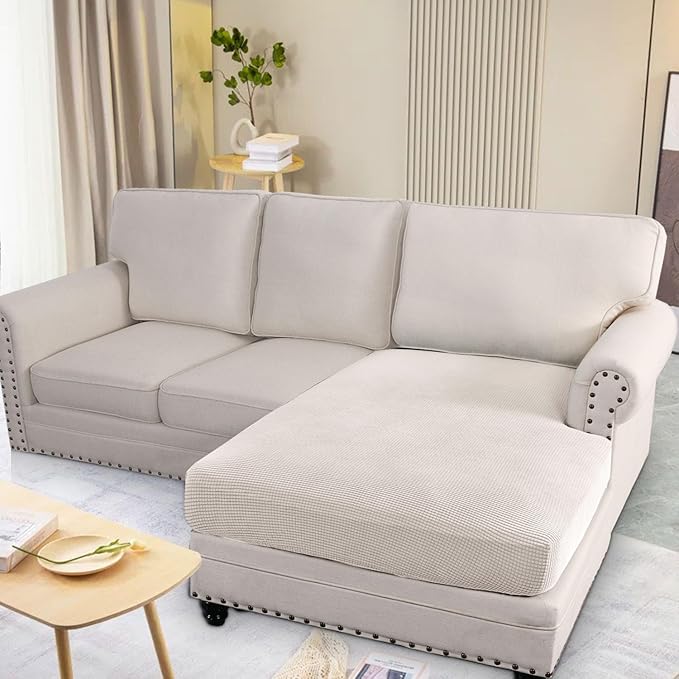 H.VERSAILTEX Super Stretch Individual Chaise Cover Sectional Couch Covers for L Shaped Sofa Both Left/Right Featuring Thick Jacquard Textured Twill Fabric (1 Piece Chaise Cover Large, Ivory)-Ruum Studio Home
