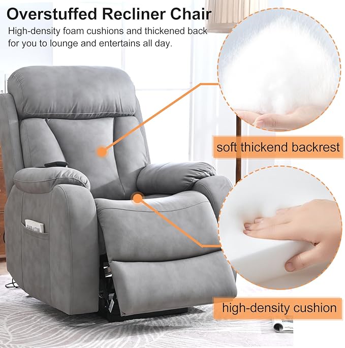 Power Lift Chair Recliners for Elderly, Leathaire Modern Adult Power Lift Chair Overstuffed Electric Lift Recliner Chair with Side Pocket for Living Room Bedroom (Light Gray)-Ruum Studio Home