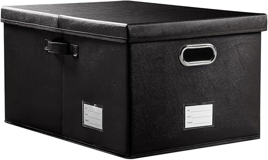 PRANDOM Collapsible Storage Box with Lid [1-Pack] Leather Fabric Foldable Storage Bin Organizer Container Basket Cube with Cover for Home Bedroom Closet Office Nursery Black (22.8X15.7X11.8)-Ruum Studio Home