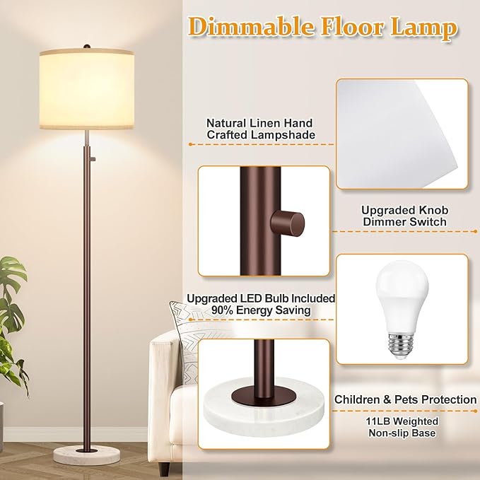 Nintiue 【Upgraded】 Dimmable Floor Lamp for Living Room, 11W LED Bulb Included, Modern Standing Lamp with Marble Base, Tall Pole Light with Linen Shade for Bedroom Reading Office Corner Nursery-Brown-Ruum Studio Home
