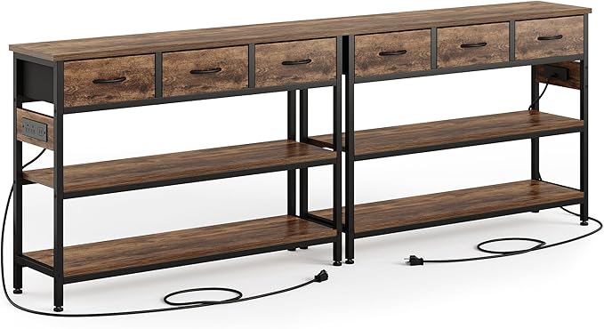 Lulive 2 Pack Entryway Tables with Power Outlets, Console Table with 3 Fabric Drawers, Sofa Table for Living Room, Hallway, Couch, Foyer, Height Adjustable-Ruum Studio Home