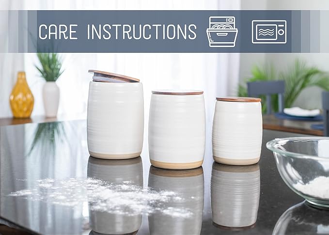 Nat & Jules Lidded Cream 6 inch Ceramic and Wood Kitchen Canisters Set of 3-Ruum Studio Home