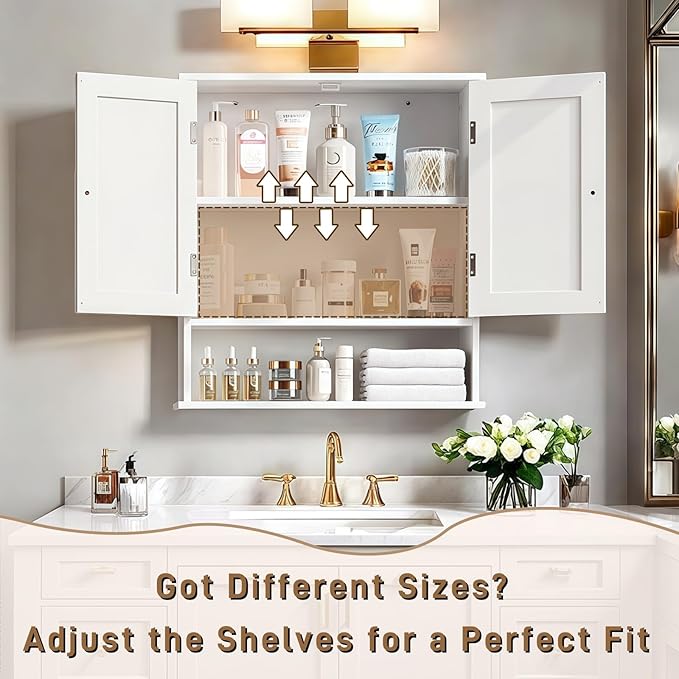 White Bathroom Cabinet Wall-Mounted, Storage Cabinets with Adjustable Shelves, Space-Saving Organizer with 2 Doors for Bathroom, Laundry, Kitchen - Moisture Resistant & Easy Install-Ruum Studio Home