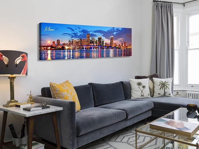 Office Wall Decor Miami Skyline Wall Art Panoramic Cityscape Picture Modern USA City Night View Canvas Prints for Bedroom Living Room Home Decoration Stretched and Framed Ready to Hang 13.8"x45.3"-Ruum Studio Home