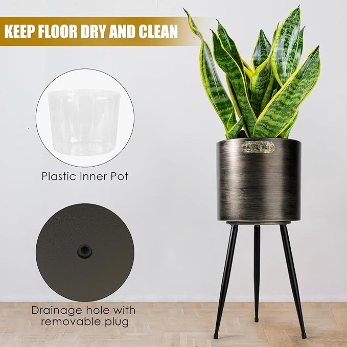 Harvest Land Plant Pots with Stand, Set of 2 Large Modern Planters Metal Tall Handmade Flower Pots with Drainage Holes Indoor Outdoor,Black-Ruum Studio Home