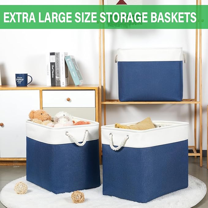 Bidtakay Extra Large Storage Baskets for Shelves 3 Pack Fabric Storage Bins for Organizing Linen Collapsible Organizer for Closet-White&Blue-Ruum Studio Home