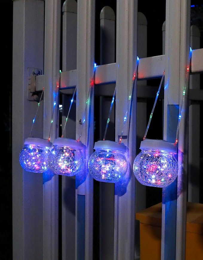 Solar Lantern Solar Lights Outdoor Waterproof 6-Pack, Solar Powered Hanging Lights Cracked Glass Hanging Globes for Christmas Decoration, Shepherd Hook, Garden Tree Ornaments,White Cap, Multi-Color-Ruum Studio Home