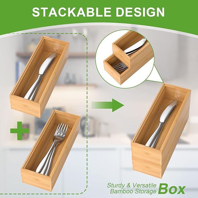 Bamboo Drawer Organizer – Set of 2 Stackable Storage Boxes, Silverware Tray & Small Gadget Holder for Kitchen Drawers, 9" x 3" x 2" (Outer), 8.3" x 2.3" x 1.77" (Inner)-Ruum Studio Home