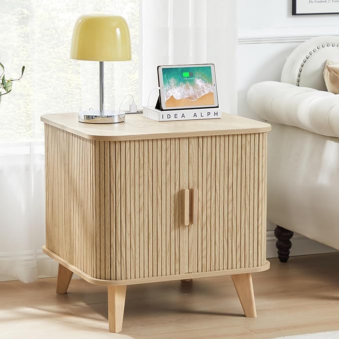 Farmhouse Square End Table with Charging Station, 24" Large Fluted Sofa Side Table with Sliding Tambour Door and Storage, Rustic Curved Wood Nightstand for Living Room, Bedroom, Natural-Ruum Studio Home