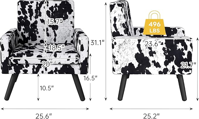 Kromax Mid-Century Modern Accent Chair for Living Room, 496 Lb. Weight Capacity, Dual Armrests, Comfy Extra Large Seat, Timeless Style Perfect for Reading & Relaxing, Cow Pattern-Ruum Studio Home