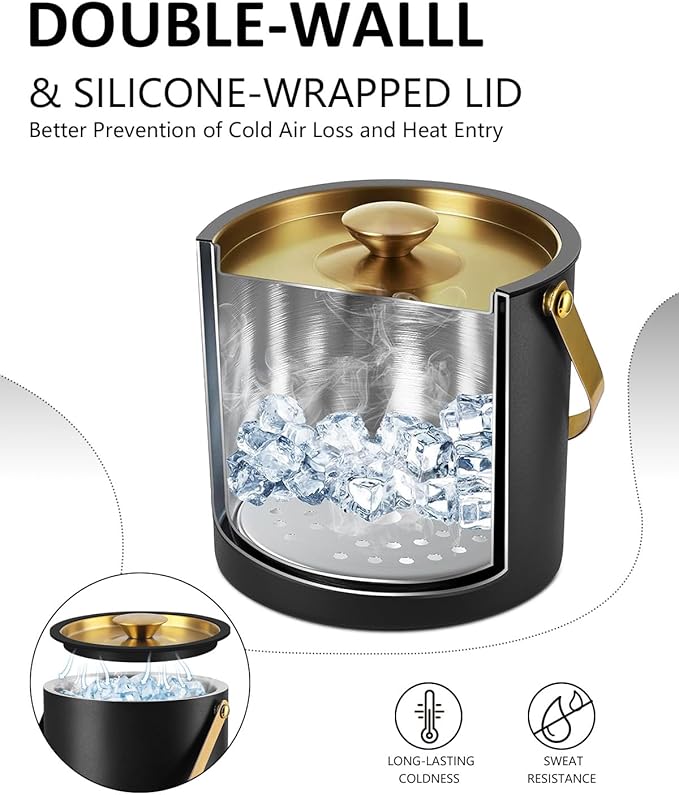 3L Ice Bucket with Silicone Lid, Scoop, Gold Tongs & Strainer, Stainless Steel Double Wall Insulated Ice Buckets for Parties & Cocktail Bar, Outdoor Champagne Ice Container Bin, Black-Ruum Studio Home