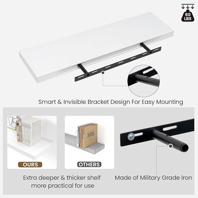 Floating Wood Shelves for Wall 24 Inches x 8”x 1.4” Shelf Floating Home Decor, Heavy Duty Shelf Hold 60 lbs, Wall Shelves for Bathroom Living Room Kitchen Bedroom Office - Set of 2 White-Ruum Studio Home