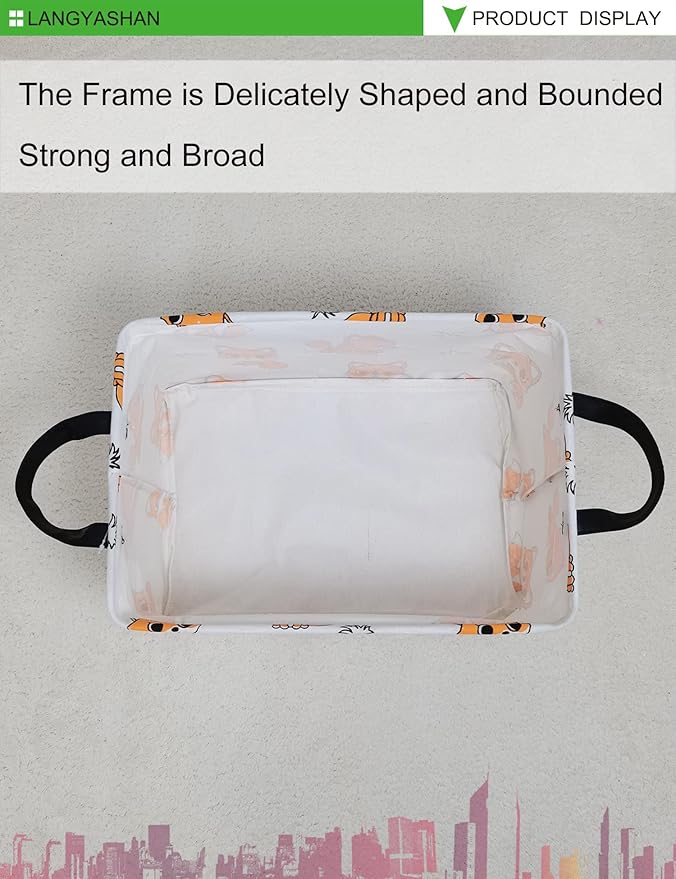 LANGYASHAN Rectangular Storage Bin Collapse Canvas Fabric Cartoon Storage Basket with Handles for Organizing Home Kitchen Boys and Girls Toys Office Closet Shelf Baskets(Rec Fox)-Ruum Studio Home