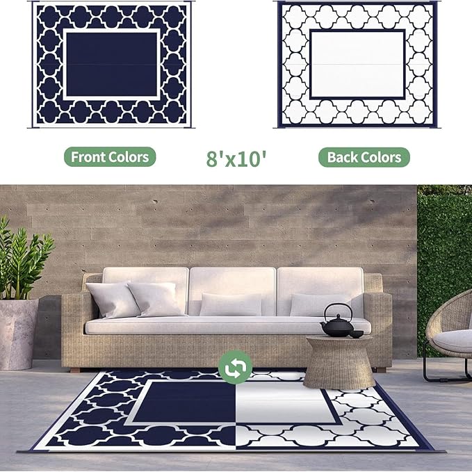 GENIMO Outdoor Rug Waterproof for Patio Decor, 8'x10' Reversible Plastic Straw Rug Carpet, Camping Mats for Outdoor, RV, Backyard, Deck, Balcony, Picnic, Blue & White-Ruum Studio Home