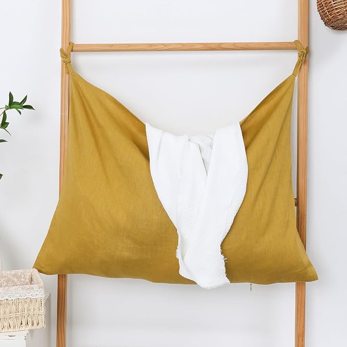 Hanging Linen Laundry Bag, 100% Pure Flax Linen Over The Door Hamper with Bottom Zipper for Laundry Room, Household Dirty Cloth Storage Organizer Bag, Turmeric-Ruum Studio Home