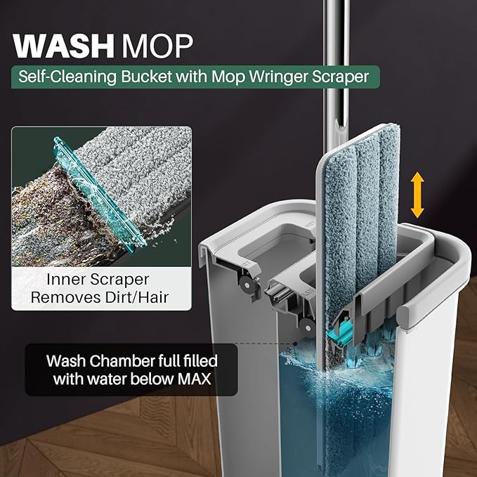 JOYMOOP Mop and Bucket with Wringer Set and Floor Cleaner Pods, Flat Floor Mop with 3 Reusable Microfiber Pads, Wet and Dry Use, Freesia Scent Pack of 15 Pacs for Floor Cleaning-Ruum Studio Home