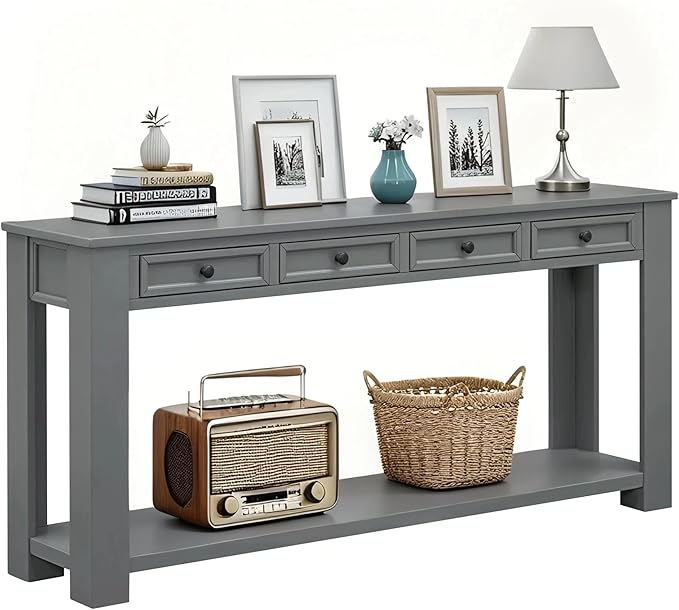 Solid Wood Console Table 63 in Long Sofa Table Entryway Table with 4 Drawers and Bottom Shelf for Hallway Living Room Couch Table,Fully Assembled,63" Tan-Ruum Studio Home