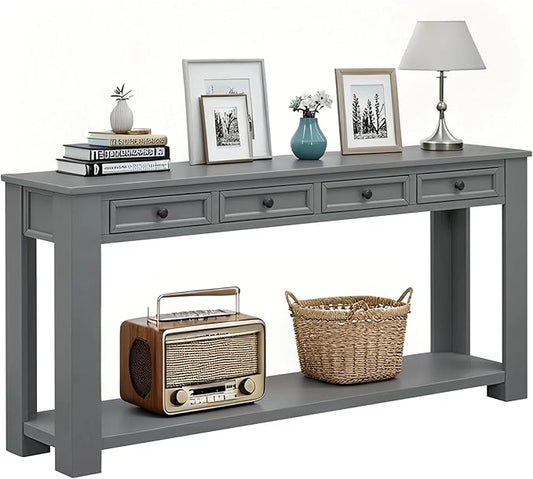 Solid Wood Console Table 63 in Long Sofa Table Entryway Table with 4 Drawers and Bottom Shelf for Hallway Living Room Couch Table,Fully Assembled,63" Tan-Ruum Studio Home