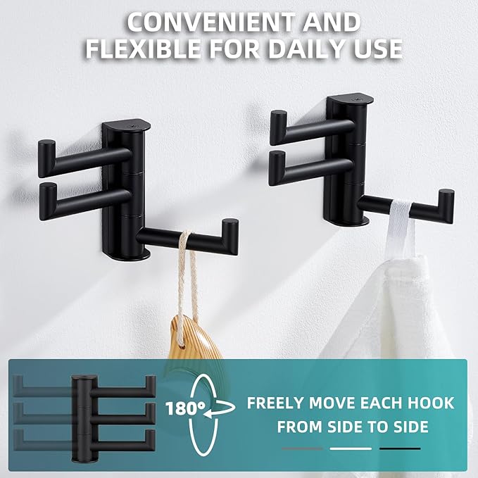 Angle Simple Swivel Towel Hooks for Bathroom, SUS 304 Stainless Steel Foldable 3 Arms Robe Towel Holder, Shower Wall Coat Hooks, Matte Black, 2 Pack-Ruum Studio Home