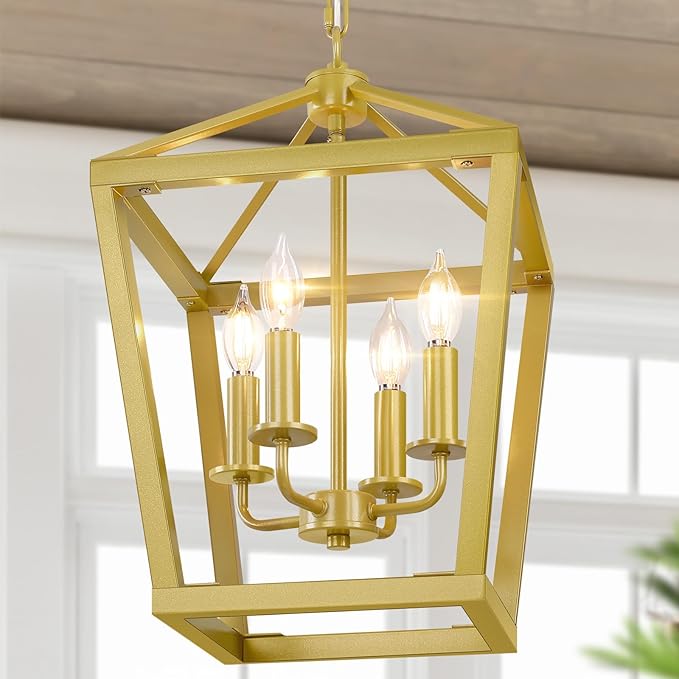 Gold Chandelier 4-Light, Farmhouse Pendant Light Fixture Adjustable Height, Modern Dining Room Light Fixture, Lantern Ceiling Hanging Lighting with Metal Cage for Kitchen Island Entryway Foyer-Ruum Studio Home