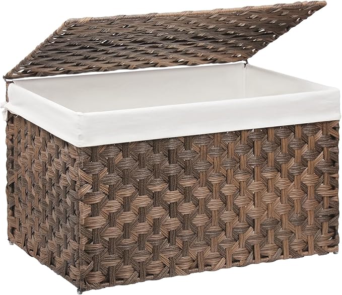 Wicker Storage Basket with Lid, 42.3 Gallon (160L) Large Blanket Basket with Lid, Woven Storage Bin with Handles, Removable Liner, Metal Frame, Foldable, for Bedroom, Laundry Room, Brown-Ruum Studio Home