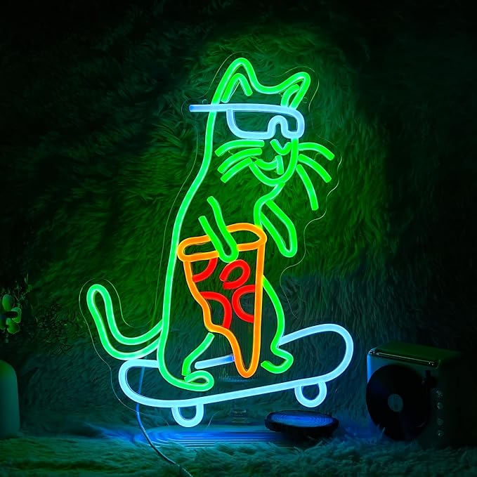 Skateboard Cat Neon Sign LED Cool Glasses Cat Neon Light for Wall Decor Pizza Neon Light Sign Dimmable USB Cat Pizza Light Up Sign for Bedroom Pizza Restaurant Pet Shop Gift (16.7 "*12.2 ")-Ruum Studio Home