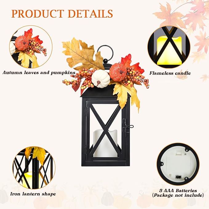 Fall Decor Lantern for Home, Large Decorative Lanterns Outdoor Waterproof 12" Battery Powered Decorative Lanterns Metal Hanging LED Candle Holder, Flameless Candle Lantern for Indoor 2 Packs-Ruum Studio Home