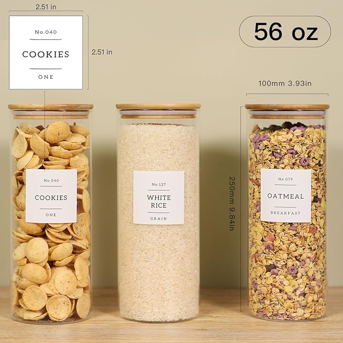 3 Pack Glass Jar with Airtight Bamboo Lid and White 132 Kichen Pantry Labels Preprinted - 56 Oz Clear Tall Glass Food Storage Containers set For Pasta Flour Cookie Rice-Ruum Studio Home