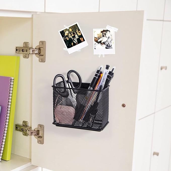 dedoot Magnetic Basket 2 Pack Magnetic Holder Locker Magnetic Pen Holder Magnetic Pencil Holder Strong for Whiteboard Marker, 4.7x2.3x3.7inch Black Mesh Magnetic Pen Holder for Refrigerator Fridge-Ruum Studio Home