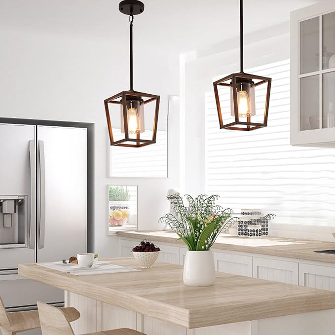 SGLfarmty Farmhouse Bar Pendant Lighting for Kitchen, Single Pendant Island Light with Wooden Finish，Modern Industrial Metal Pendant Light Fixtures，Rustic Ceiling Lantern Hanging Light,1 Pack-Ruum Studio Home
